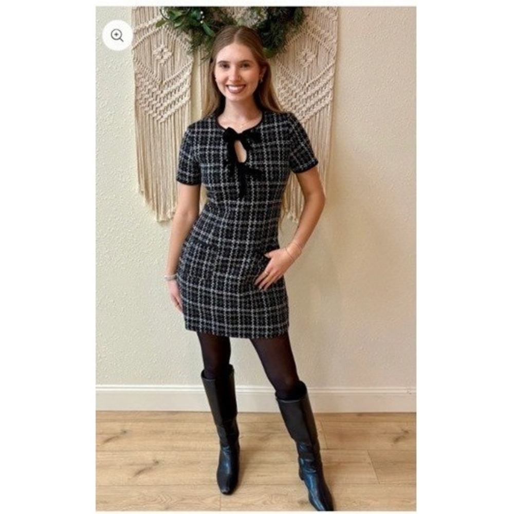 NWT Blu Pepper Andrea Tweed Mini Dress M Black White Velvet Bow Holiday